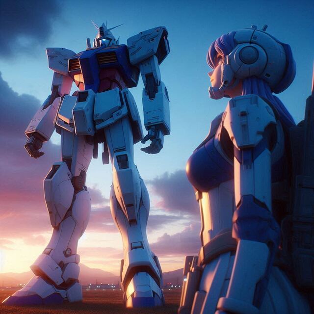 夜明けの空を背に静かに立つ青と白のモビルスーツと、それを見上げる女性兵士.png