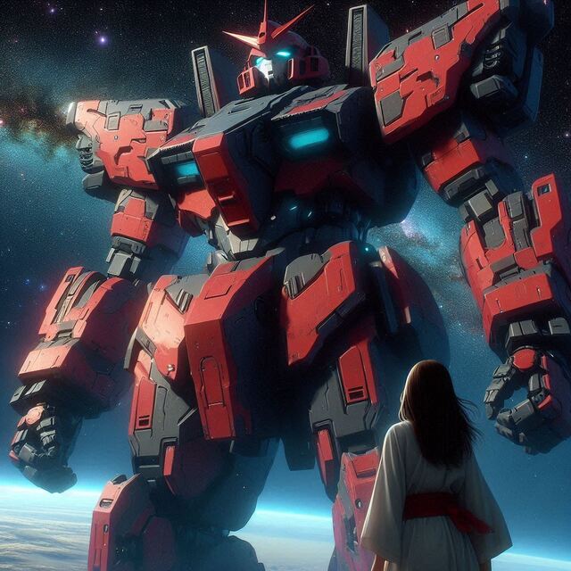 宇宙空間に浮かぶ重厚な赤黒いモビルスーツと、遠くから見つめる女性.png
